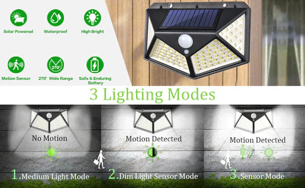 4 Sides Solar Light | Motion Sensors | 100 LED Lights |Home And Outdoor